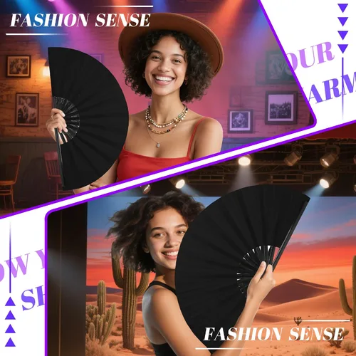 Vista 5 de Abanico de mano grande de 33 cm con luz UV para baile en línea, abanico plegable para botas, actuación, boda, fiesta - Abanico portátil de mano
