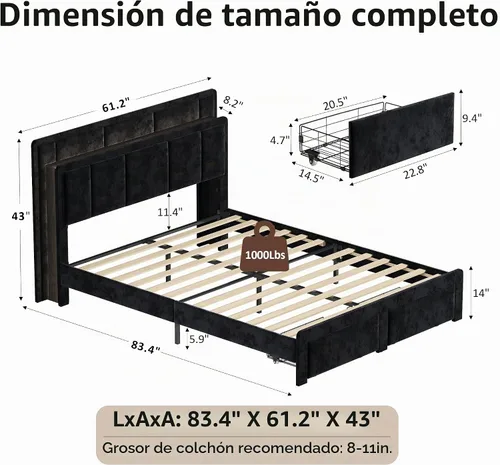 Vista 2 de Base de cama de tamaño matrimonial, cama de plataforma tapizada con 2 cajones de almacenamiento, cabecera de canal vertical de terciopelo con luces
