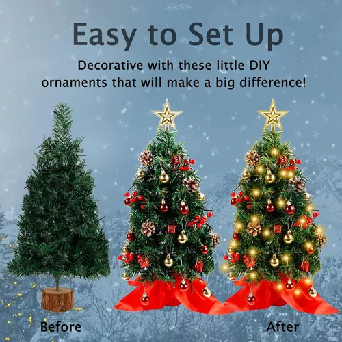 Vista 4 de Blissun Mini árbol de Navidad de 2 pies, pinos artificiales de Navidad, árbol de Navidad de mesa, mini pino de Navidad con luces LED, estrella
