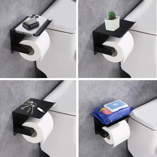 Vista 7 de Soporte de papel higiénico de pared con estante para teléfono, soporte de papel de almacenamiento, dispensador de papel adhesivo negro con estante