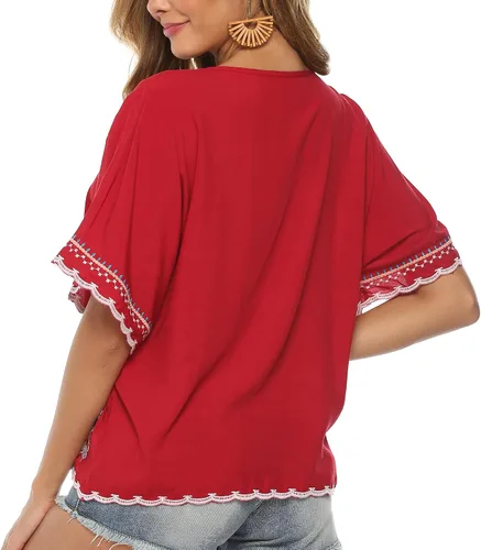 Vista 5 de Camisetas bordadas mexicanas para mujer, de manga corta, estilo bohemio, blusas campesinas, ajuste holgado, ropa hippie