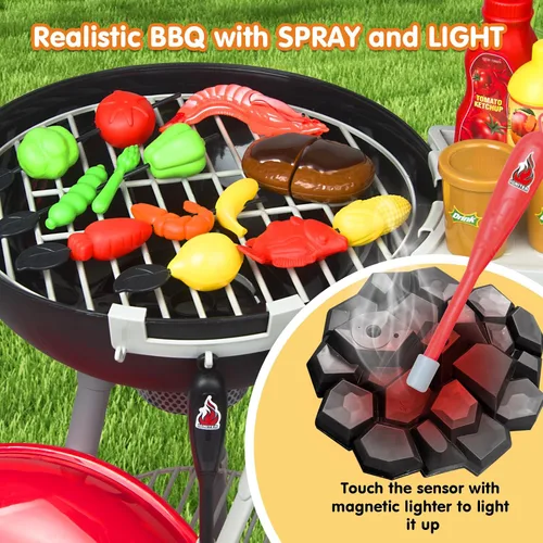 Vista 3 de Juego de parrilla de barbacoa de 79 piezas para niños, juego de cocina con aerosol realista, luz y sonido, juguete interactivo para niños y niñas