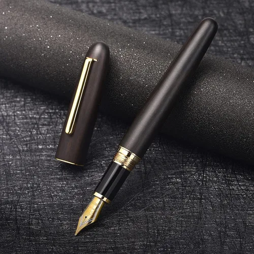 Vista 4 de Jinhao 9036 Pluma estilográfica de madera natural hecha a mano, punta curvada, color ébano