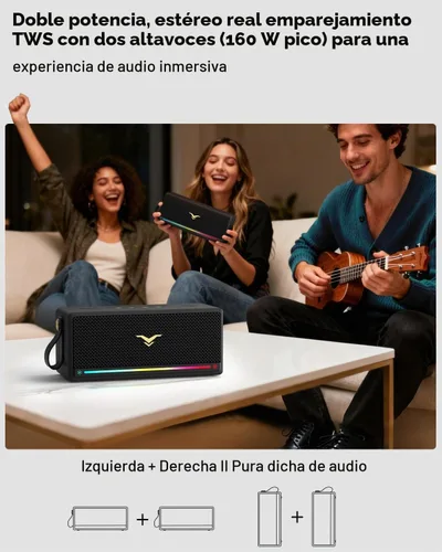 Vista 5 de Altavoz Bluetooth, altavoz retro StageSound inalámbrico, altavoz portátil con refuerzo de graves, 80 W, IP67 impermeable, luces LED, emparejamiento