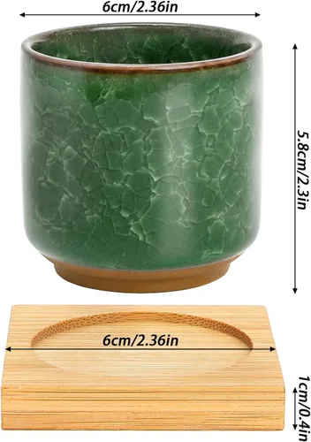 Vista 2 de Lawei Paquete de 8 mini macetas suculentas de 2.5 pulgadas con drenaje y bandeja de bambú, maceta pequeña de cerámica para cactus, macetas de flores
