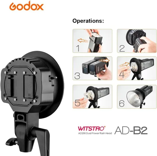 Vista 7 de Godox AD-B2 Dual Power Twin Head Bowens Mount para instalar 2 Godox AD200Pro II o AD200 Pro Pocket Flash o Flashpoint eVOLV 200 TTL Modular Strobe