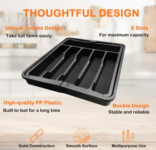 Vista 3 de Organizador de cajones de cubiertos, organizador de utensilios profundos expandible para cajones de cocina (13-22.4 x 15 pulgadas, negro)