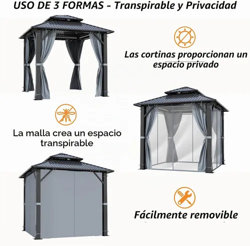 Vista 6 de GARTOO Gazebo de techo rígido para exteriores de 8 x 8 pies con techo doble Negro