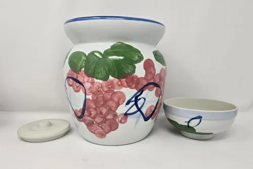 Vista 4 de Tarro mediano de encurtido de porcelana de 3 litros con 2 tapas Fermentación de decapado Kimchi Crock Grape Jingdezhen chino coreano