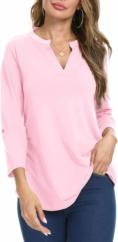 Vista 2 de NILOUFO - Blusas tipo túnica de verano para mujer, con escote en V, mangas 34 enrollables