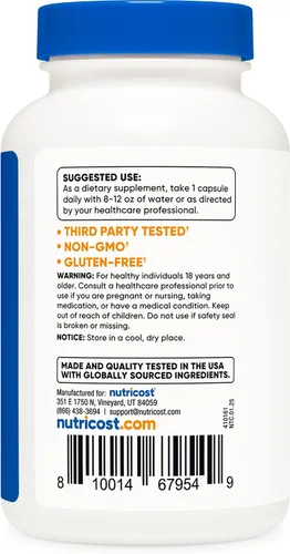 Vista 4 de Vitamina B1 Nutricost (Tiamina) 0,018 oz, 120 cápsulas, 1 botella, 1