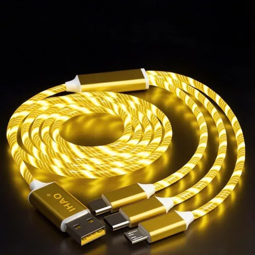 Vista 27 de IHAO Cable de carga multipuerto, 3 combinaciones en un cable USB A a USB C/Micro USB PD, cable de carga rápida iluminado LED que fluye compatible