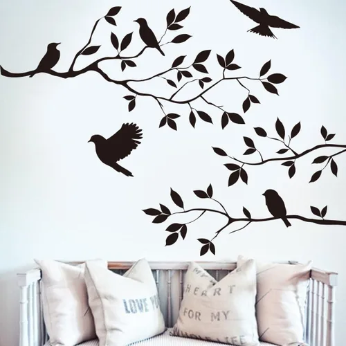 Vista 2 de Jonkey - Adhesivos de pared con diseño de pájaro negro, diseño de ramas de árbol de pájaro, removible, decoración mural