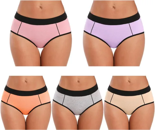 Vista 9 de POKARLA - Ropa interior elástica de algodón para mujer, pantaletas de cintura media alta, paquete de 5 Negro