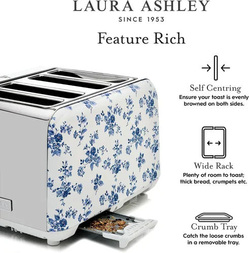 Vista 7 de VQ Laura Ashley China Rose - Tostadora de 4 rebanadas de acero inoxidable Tostadora multifuncional de bagels y pan de 4 rebanadas con modo