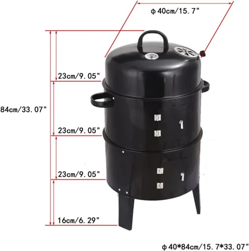 Vista 5 de Parrilla ahumadora de carbón 3 en 1, parrilla vertical de carbón para exteriores, con termómetro integrado, ventilación de aire, 2 puertas de acceso