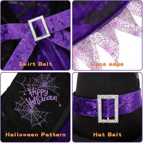 Vista 4 de Twister.CK Witch Costume for Girls Kids, Halloween Party Fancy Dress Up Deluxe Set with Hat Skirt for Girls