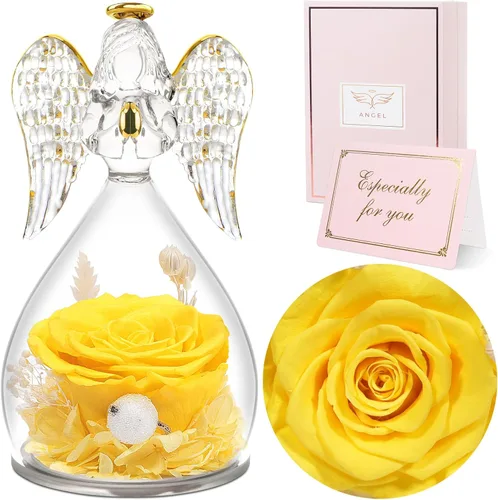 Vista 18 de Sunia Regalos para mamá, regalos de cumpleaños para mujeres, rosas reales preservadas en figura de ángel de cristal, flores eternas para la entrega