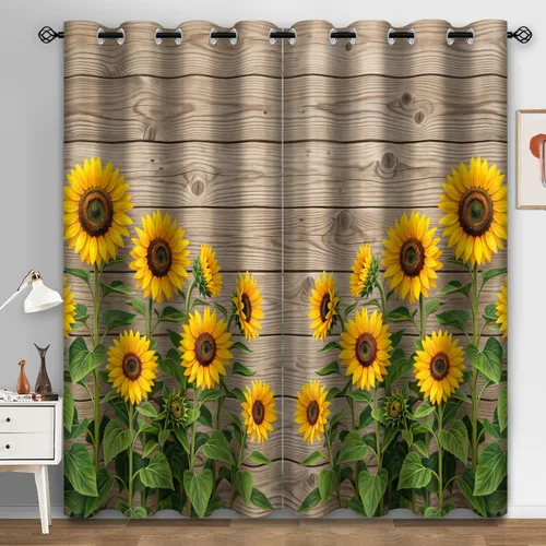 Vista 7 de Aimego - Cortinas opacas rústicas con flores de girasol, cortinas para oscurecer la habitación, estilo granja, paneles de madera, mariposas azules