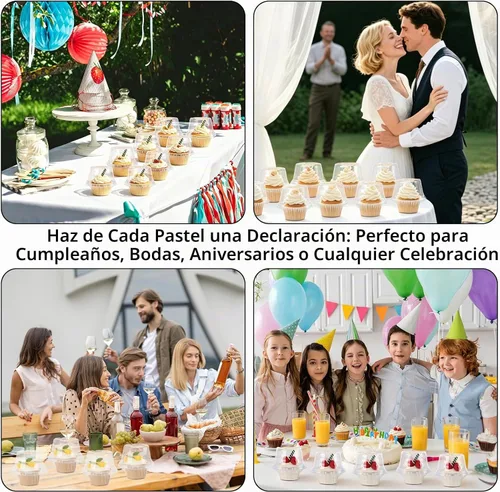 Vista 9 de Paquete de 100 recipientes individuales para cupcakes con calcomanías, cajas individuales de plástico transparente para cupcakes con tapas