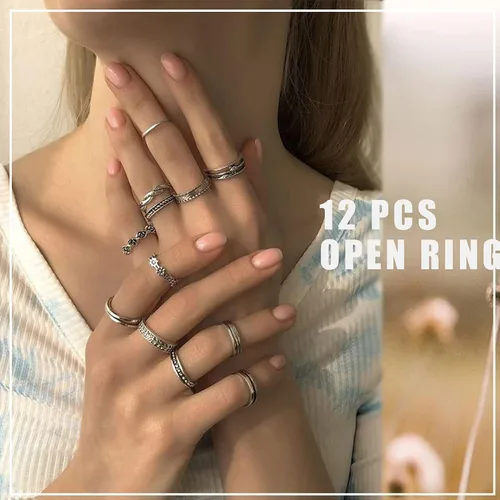 Vista 5 de FAXHION Juego de anillos de cadena punk de plata vintage para hombres mujeres y niñas anillos góticos geniales anillos de dedo de cadena gruesa