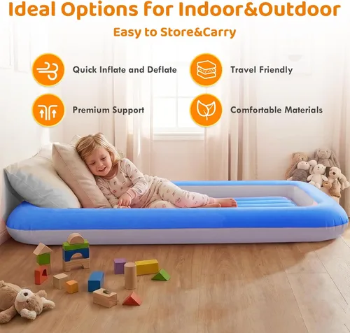 Vista 3 de Cama de aire para niños, colchón inflable para viaje de bebé con laterales, azul