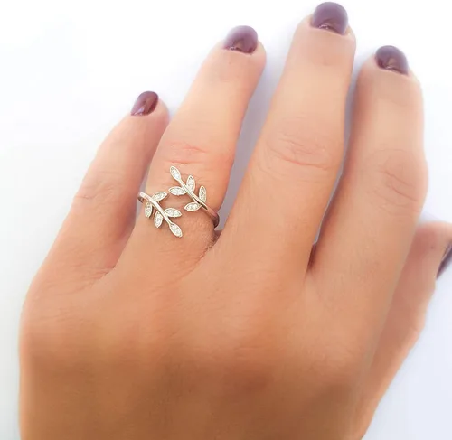 Vista 7 de Sterling Silver 925 Clear CZ Ring Leaf Laurel Nature Branch Adjustable Band Tiny Diamonds