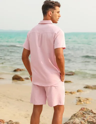 Vista 2 de LecGee Conjunto corto casual de verano para hombre, camisa cubana de lino de manga corta, pantalones cortos con cordón en la cintura, trajes