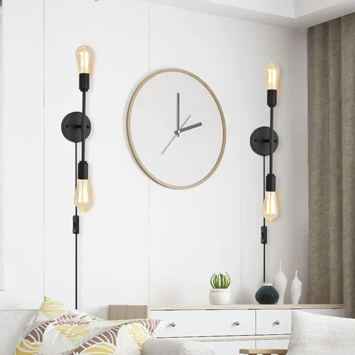 Vista 2 de Lámparas de tocador de baño negras de 2 luces, modernas lámparas de pared industriales con cable de interruptor de encendido/apagado, juego de dos