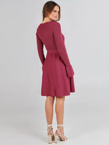 Vista 5 de ANRABESS Vestido tipo suéter de manga larga con cuello en V y lazo en la cintura, plisado, acampanado, elegante, de punto acanalado, vestido midi