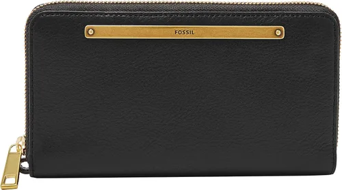 Vista 2 de Fossil Liza - Cartera de cuero con cremallera alrededor para mujer con correa retráctil para la muñeca, Negro