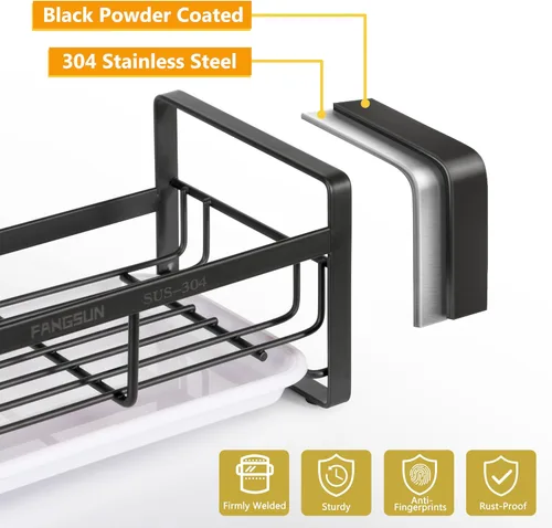 Vista 5 de FANGSUN Soporte de esponja grande para fregadero de cocina, organizador de fregadero de acero inoxidable 304 con bandeja de goteo extraíble, soporte