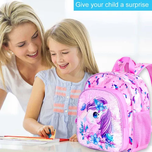 Vista 6 de UFNDC Mochila infantil para niñas, bonita mochila preescolar de unicornio, bolsa escolar de lentejuelas para jardín de infantes