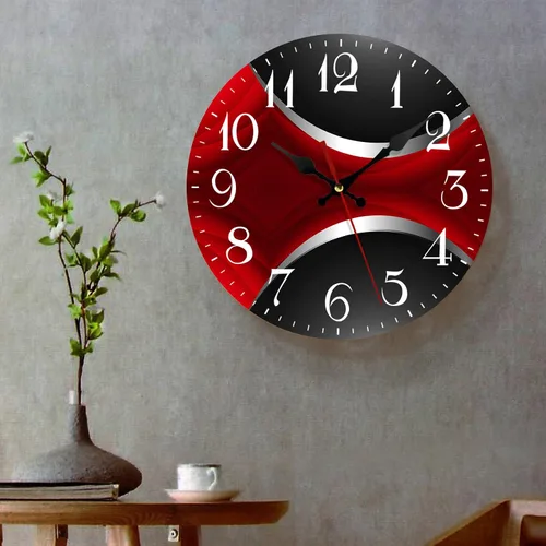 Vista 6 de ArtSocket Reloj de pared de madera silencioso sin tictac, rojo, negro, gris, cuadrícula geométrica irregular, rayas, abstracto, vintage, redondo