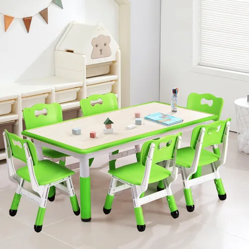 Vista 10 de Juego de mesa y sillas para niños, escritorio ajustable en altura con 6 asientos para edades de 2 a 10 años, mesa de arte y manualidades, escritorio
