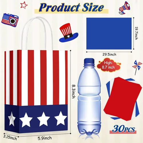 Vista 2 de Tisancy 30 bolsas de regalo patrióticas con asa con 30 piezas de papel de seda rojo, blanco y azul, 4 de julio, bandera estadounidense, bolsas