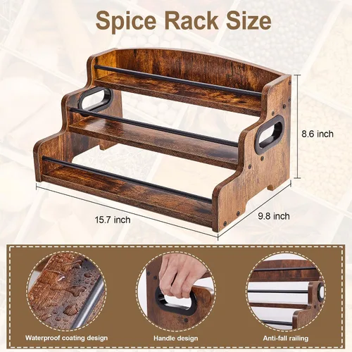 Vista 3 de Aminigram Organizador de Estante de Especias de Madera para Gabinete, Organizador de Especias de 3 Niveles, Organizador de Condimentos de Cocina