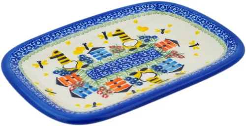 Vista 22 de Auténtico plato de cerámica polaca de 10 pulgadas en diseño amarillo hecho a mano en Bolesławiec Polonia por Ceramika Bona + certificado
