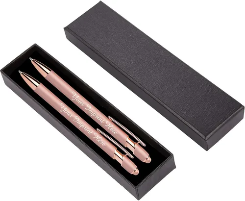 Vista 13 de ExpressDesigns™ - Juego de regalo de bolígrafos personalizados - Paquete de 2 bolígrafos de metal suave al tacto de oro rosa con caja de regalo