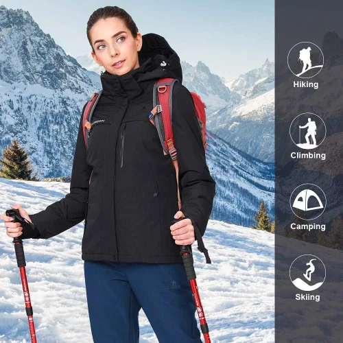 Vista 6 de CAMEL CROWN - Chamarra de esquí para mujer, impermeable, con capucha desmontable, rompevientos, forro polar, parka para lluvia