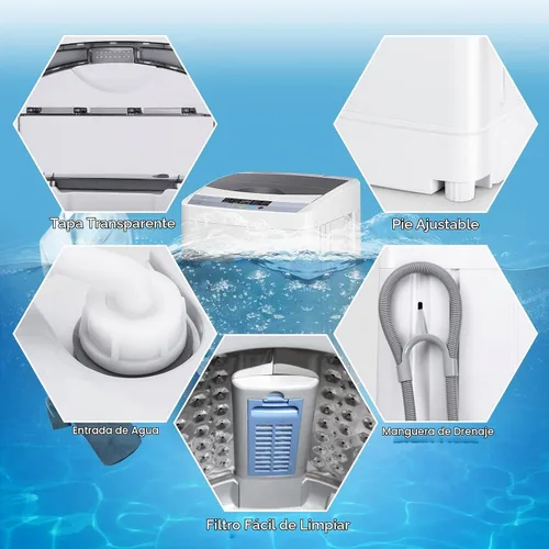 Vista 9 de COSTWAY Lavadora portátil, capacidad de 12 libras, lavadora completamente automática con 10 programas de lavado, pantalla LED, 8 niveles de agua