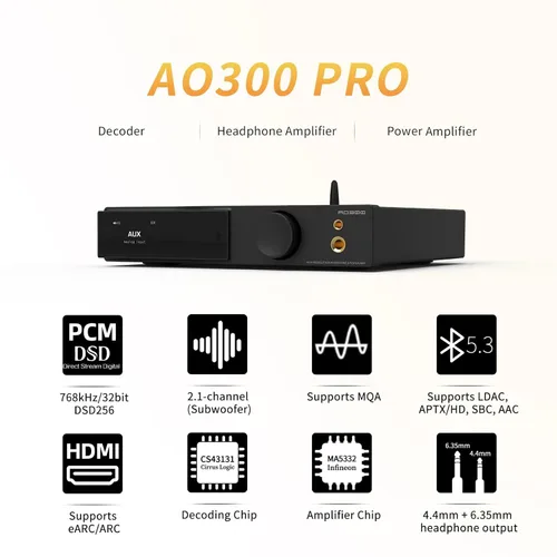 Vista 2 de SMSL AO300 PRO Amplificador de potencia, CS43131 165W DAC Amp, USB/coaxial/Opt/RCA a 2.1 canales altavoz/subwoofer, amplificador de auriculares
