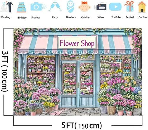 Vista 4 de Telón de fondo de flores de primavera de 5 x 3 pies para sesión de fotos de flores rosas y flores, decoración de fiesta de té, telón de fondo