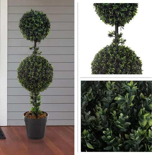 Vista 3 de Juego de 2 árboles topiarios – 36 pulgadas de doble bola podocarpus plantas falsas – Plantas artificiales realistas en macetas para interiores
