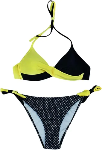 Vista 5 de Traje de baño de bikini con efecto push up para mujer, con tirantes delgados, parte delantera con cuello halter, parte superior triangular, sexy