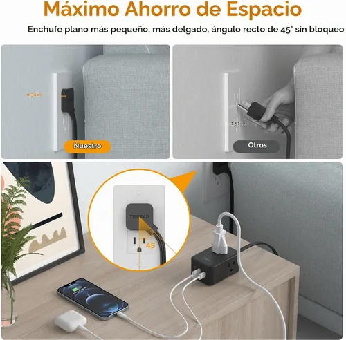 Vista 2 de TESSAN - Tira de alimentación de enchufe plano pequeña, cable de extensión ultrafino de 5 pies, color negro