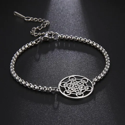 Vista 5 de Fantasy Forge Jewelry Pulsera de cubo Metatrons de plata dorada para mujer, acero inoxidable, geometría sagrada, 7-9.5 pulgadas