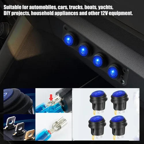 Vista 7 de Interruptores basculantes redondos de encendido y apagado impermeables SPST de 3 pines 12V 20A con luz azul iluminada, interruptor eléctrico