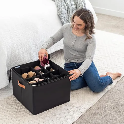 Vista 4 de RENVA 12 Pairs Shoe Organizer for Closet, Foldable Shoe Storage Bins with Clear Cover, Large Shoe Box Storage Container with two sides PU handles