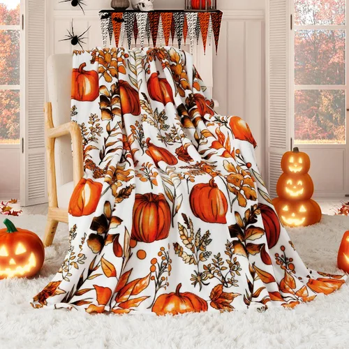 Vista 6 de ROMROL Manta de Halloween, manta de otoño, mullida, acogedora, suave, hojas de calabaza, manta de franela de felpa de forro polar, decoración